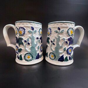 HJ Wood Staffordshire Pottery Tankards, Persian Blue, Floral Set of 2 England
